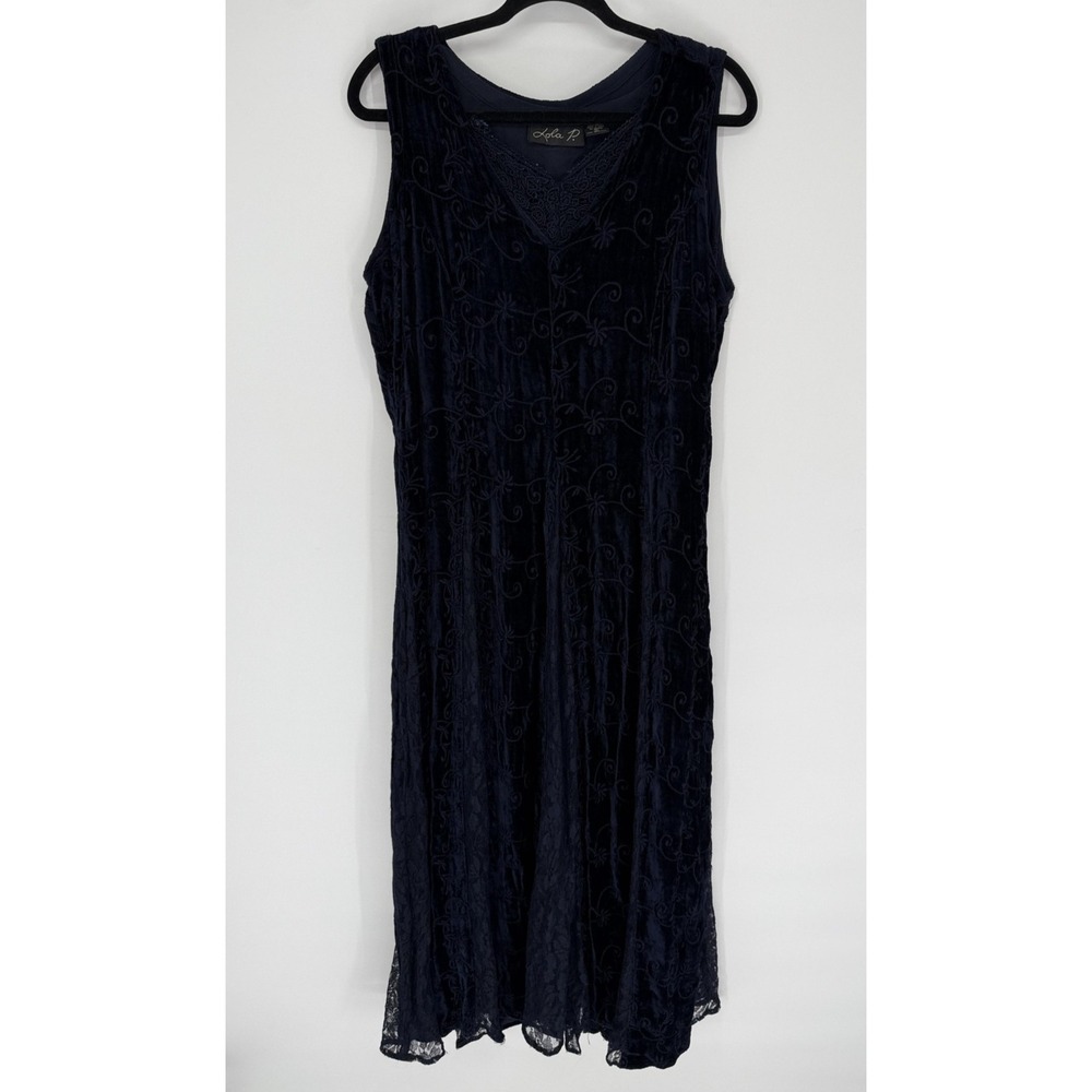 Lola P. Dress Womens Large Navy Velvet Floral Lace Maxi Sleeveless‎ Whimsy Goth
